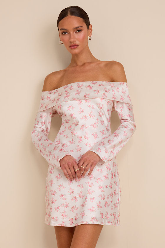 Luxurious Vision Berry Pink Satin Off-the-Shoulder Mini Dress