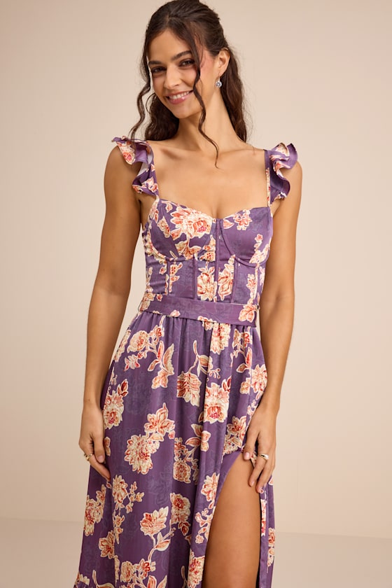 Sweet Like Sangria Blue Floral Ruffled Bustier Midi Dress