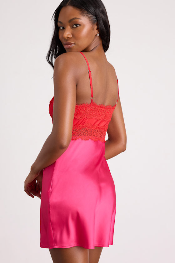 Alessa Pink and Red Satin Lace Lingerie Slip