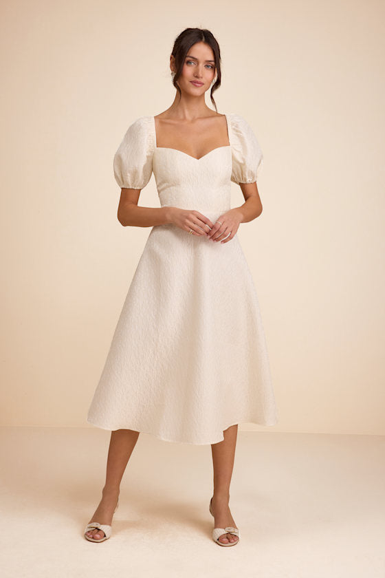 Melly Ivory Textured Jacquard Puff Sleeve Midi Dress
