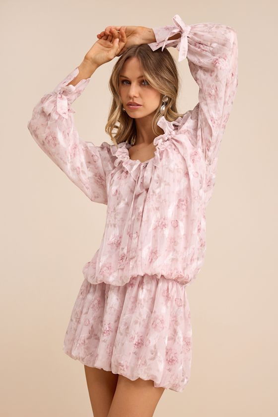 Marcia Blush Pink Floral Ruffled Drop Waist Mini Dress