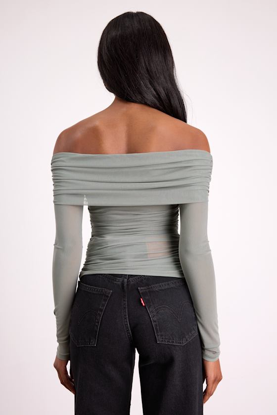 Good Times Brown Mesh Off-the-Shoulder Long Sleeve Top