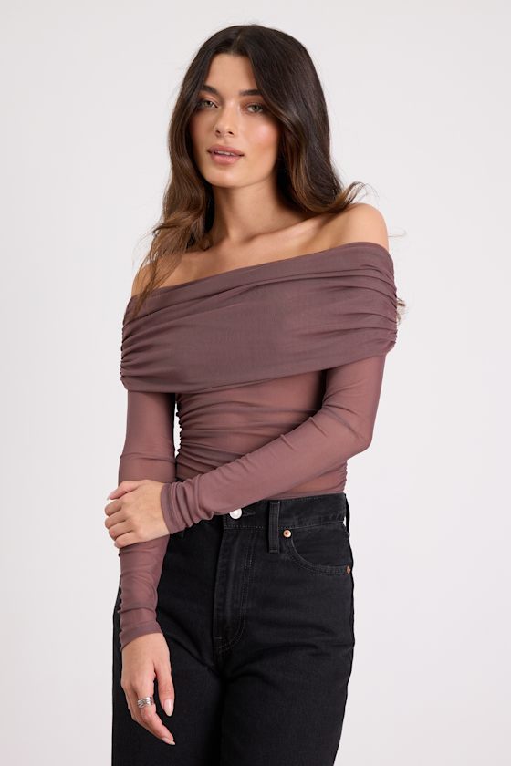 Good Times Brown Mesh Off-the-Shoulder Long Sleeve Top