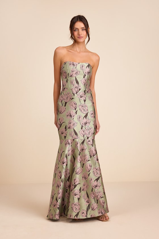 Gowning Around Mauve Floral Jacquard Strapless Maxi Dress