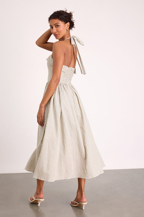 Shirley Cream Plaid Halter Button-Front Midi Dress