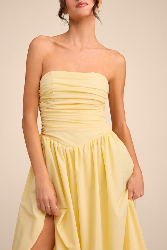 Marilou Sage Green Strapless Ruched Lace-Up Maxi Dress