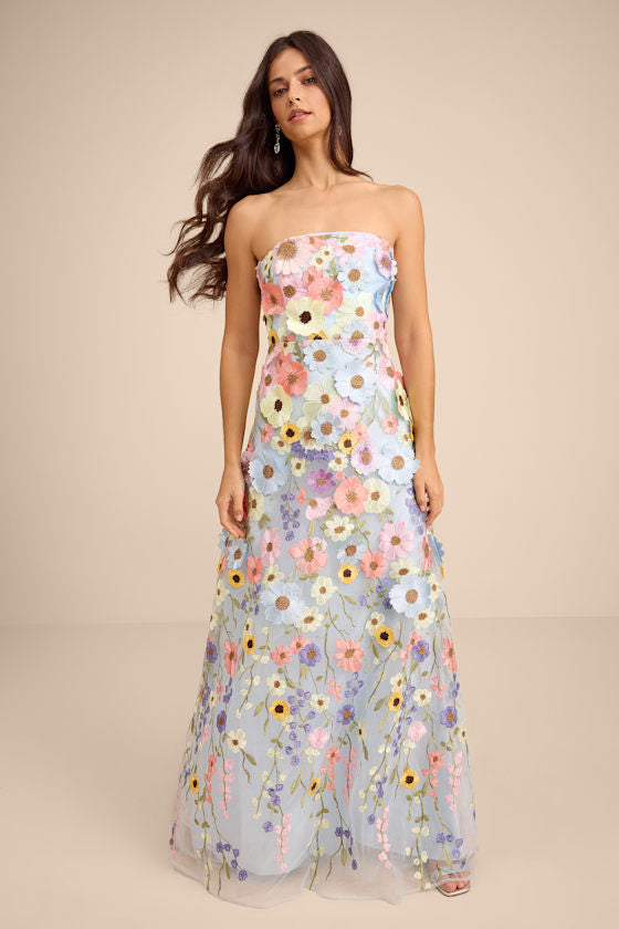 Rosario Black Multi 3D Floral Embroidered Maxi Dress