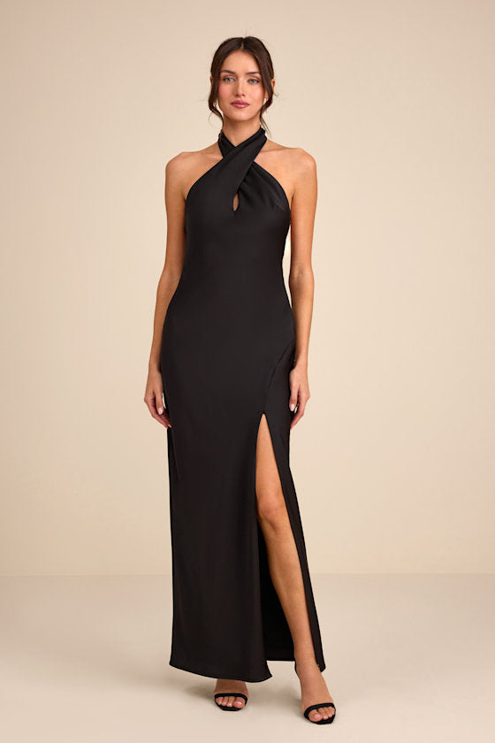 Daney Olive Green Satin Cross-Front Halter Maxi Dress