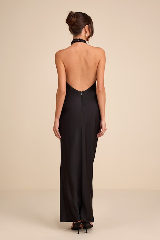 Daney Black Satin Cross-Front Halter Maxi Dress