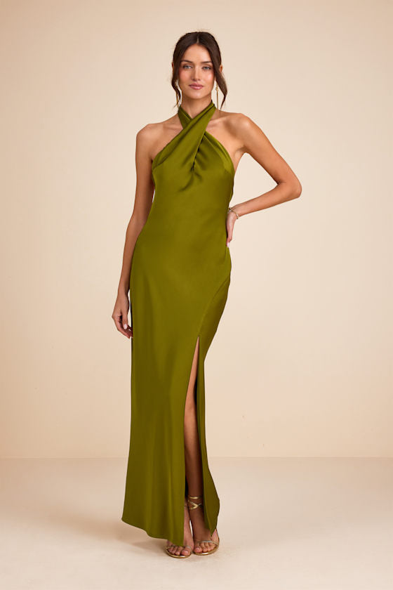 Daney Black Satin Cross-Front Halter Maxi Dress