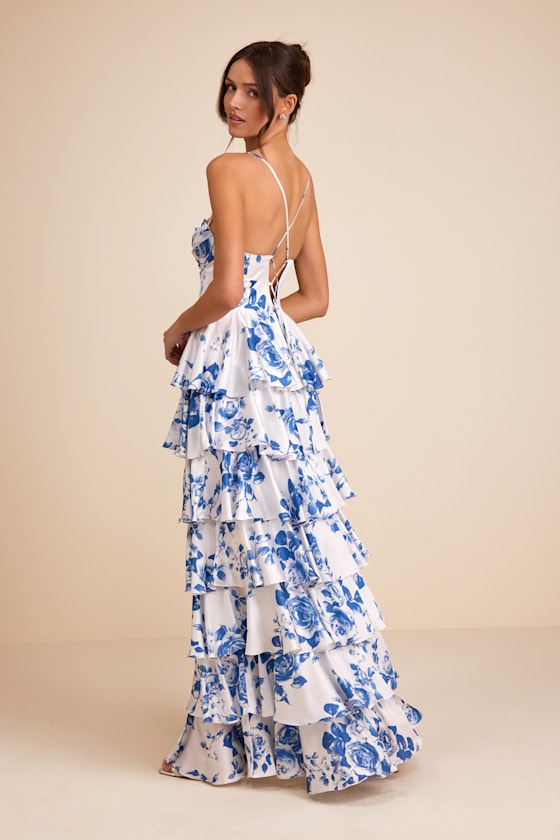 Arletta Light Blue Satin Bustier Tiered Maxi Dress
