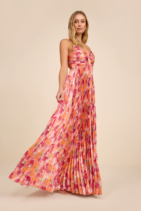Dreaming in Color Coral V-Neck Pleated Satin Maxi Dress