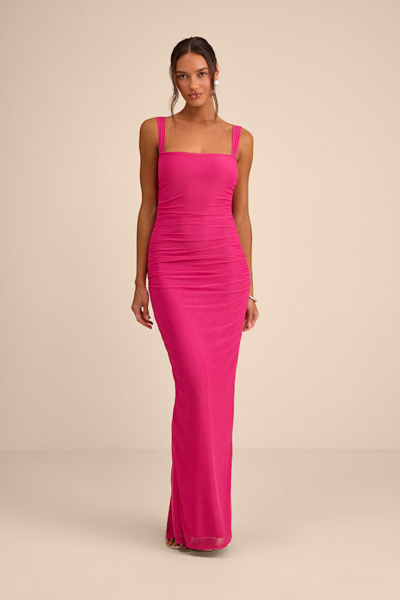 Amazing Presence Dark Green Mesh Ruched Column Maxi Dress