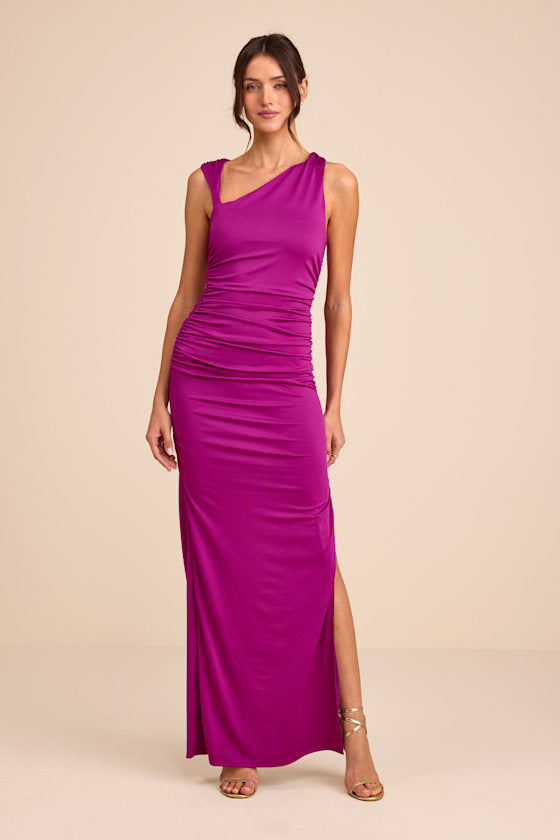 Enticing Darling Red Asymmetrical Ruched Maxi Dress