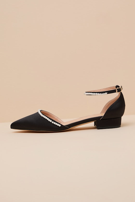 Phoebee White Satin Pearl Pointed-Toe Ankle Strap Flats