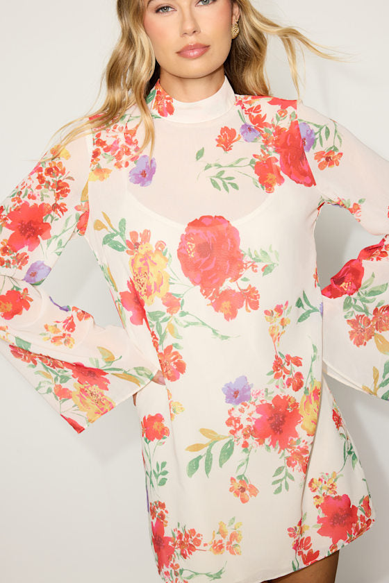 Perfected Charm Black Multi Floral Bell Sleeve Mini Shift Dress