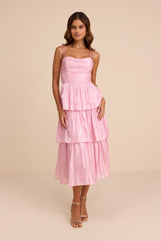 Tennon Dusty Blue Plisse Tiered Midi Dress
