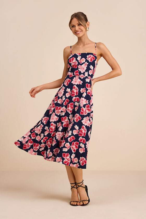 Radiant Feelings Blue and Purple Floral Chiffon Midi Dress