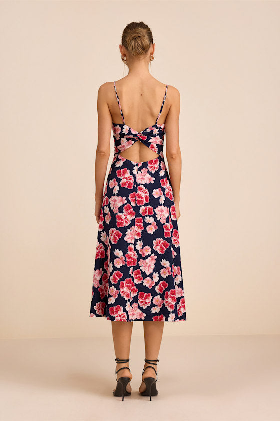 Radiant Feelings Blue and Purple Floral Chiffon Midi Dress