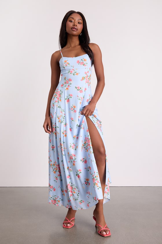 Ingrid Light Blue Floral Tie-Back Maxi Dress