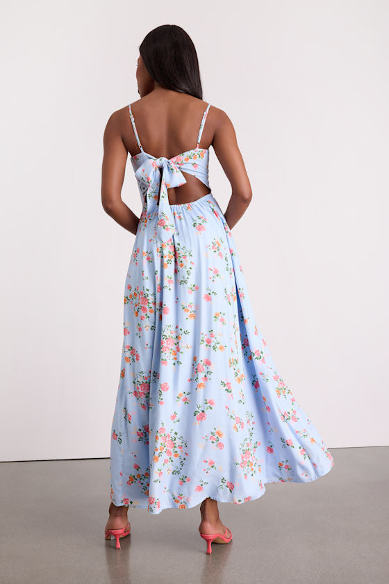 Ingrid Light Blue Floral Tie-Back Maxi Dress
