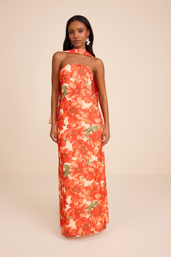 Rawya Black Floral Strapless Maxi Dress and Scarf Set