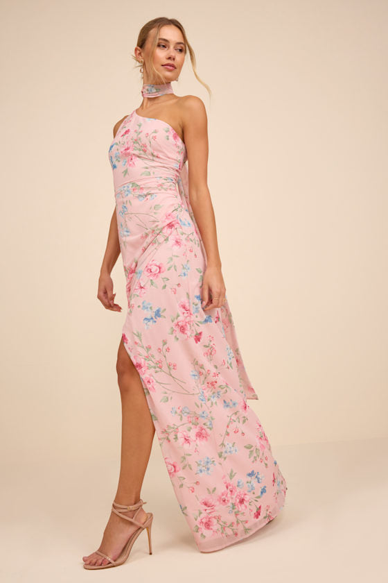 Adeline Lavender One-Shoulder Scarf Maxi Dress