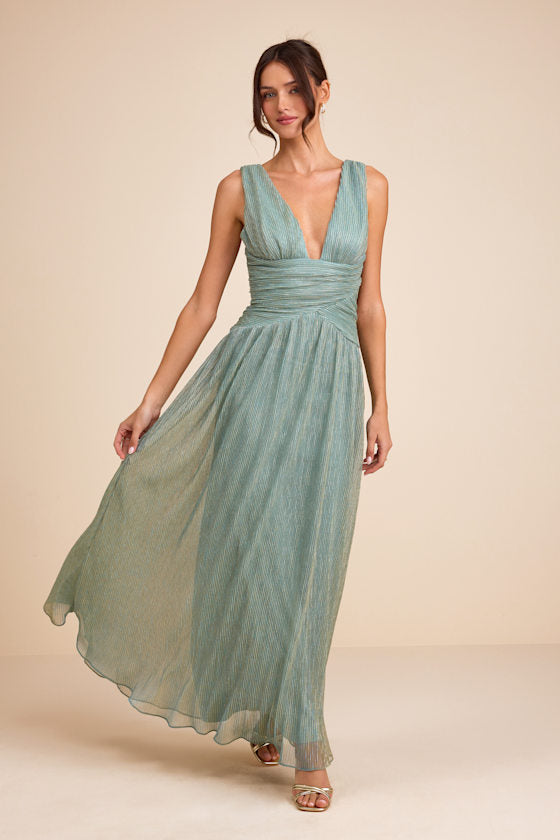 Evaluna Purple Abstract Print Lurex Pleated Maxi Dress