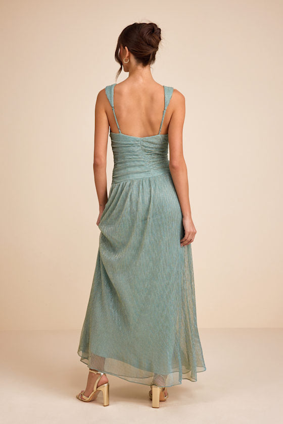 Evaluna Sage Green Abstract Print Lurex Pleated Maxi Dress