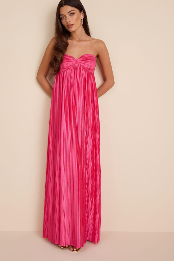 Whimsical Beauty Emerald Green Satin Plisse Strapless Maxi Dress