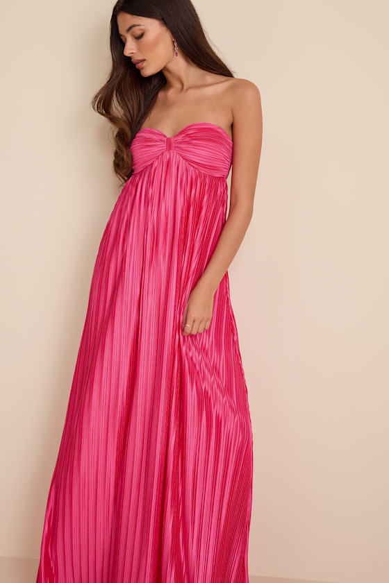 Whimsical Beauty Black Satin Plisse Strapless Maxi Dress