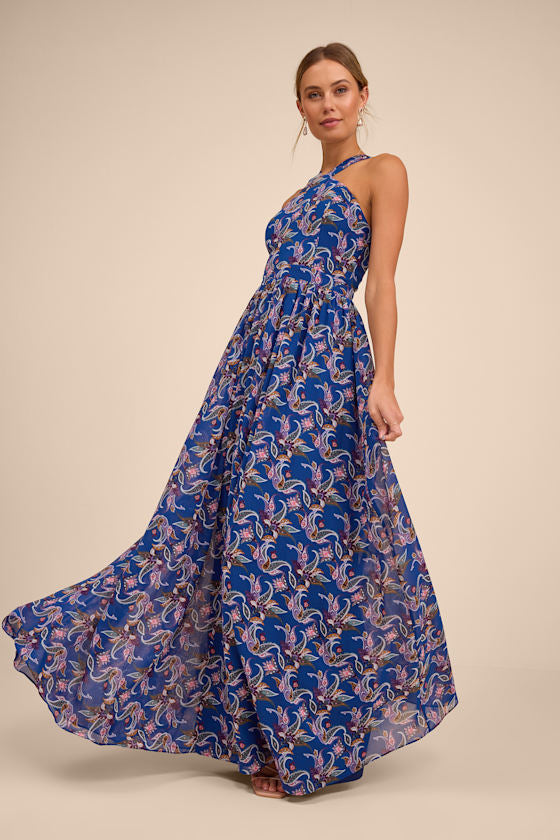 Lilja Navy Blue Floral Print Maxi Dress