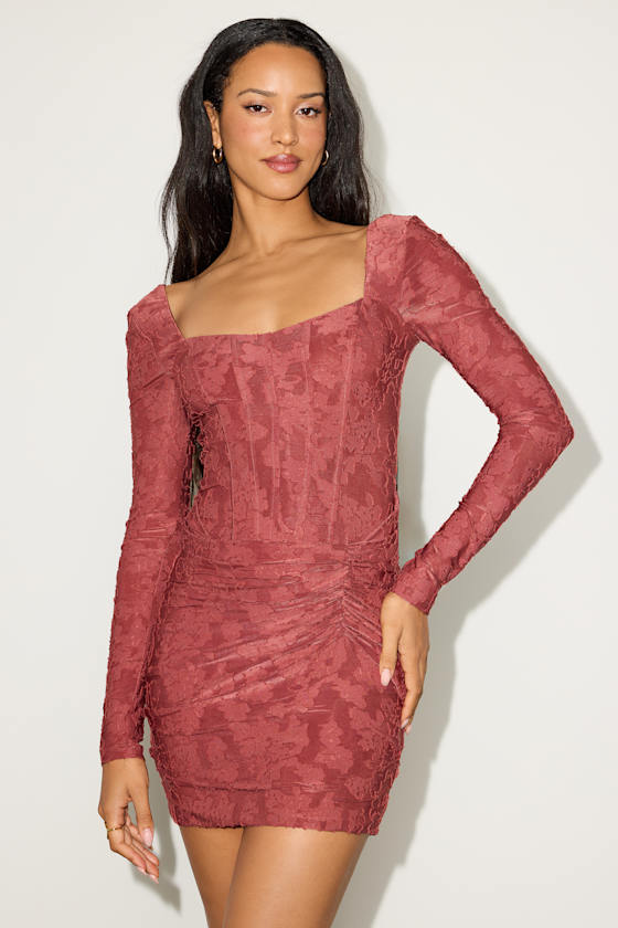 Celeste Dark Mauve Floral Burnout Long Sleeve Mini Dress