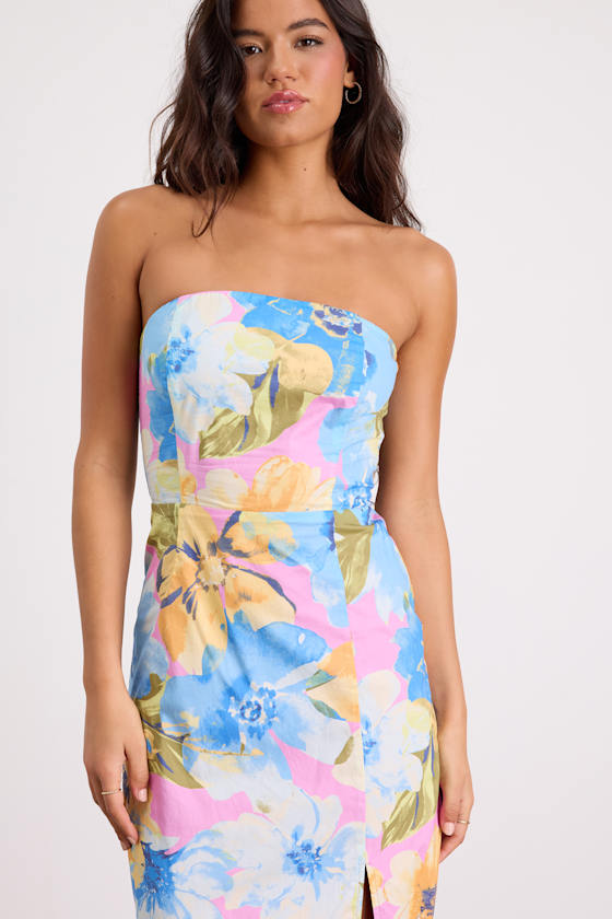 Bold Tendencies Blue Floral Strapless Cutout Midi Dress