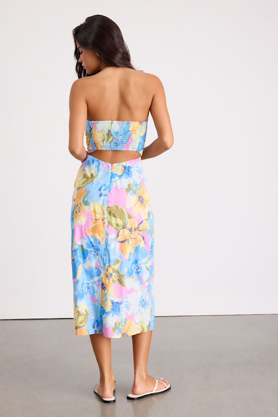 Bold Tendencies Blue Floral Strapless Cutout Midi Dress