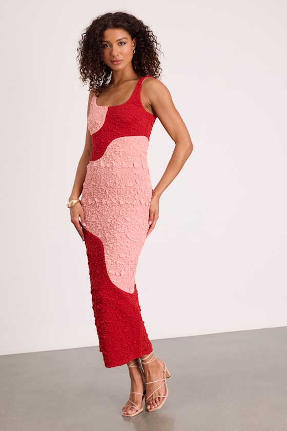Instantly Adored Taupe and Cream Color Block Textured Midi Dress