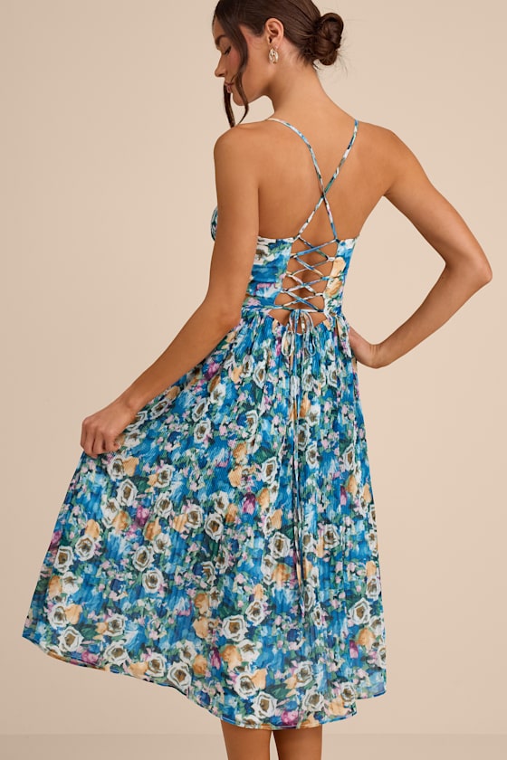 Aleyna Red Multi Abstract Pleated Lace-Up Bustier Midi Dress