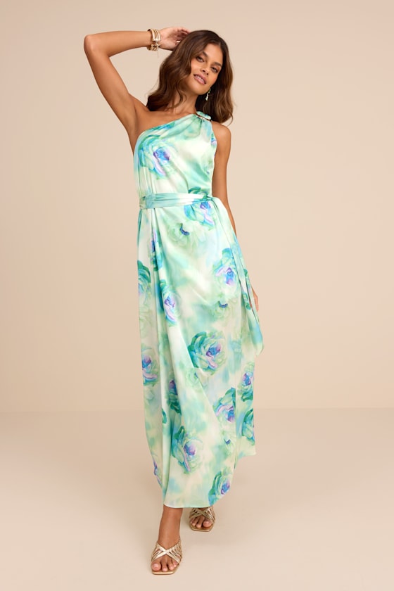 Goddess Aura Black Satin One-Shoulder Maxi Dress