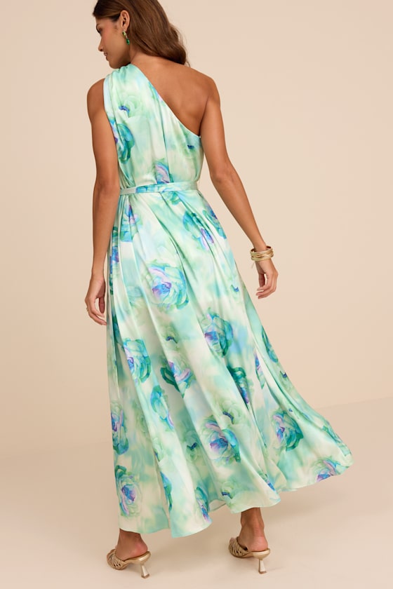 Goddess Aura Black Satin One-Shoulder Maxi Dress