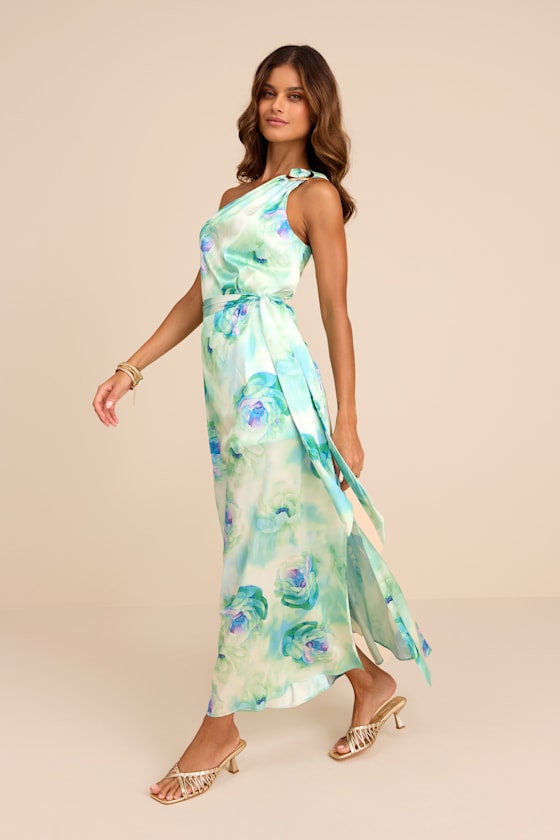 Goddess Aura Orange Multi Floral Satin One-Shoulder Maxi Dress