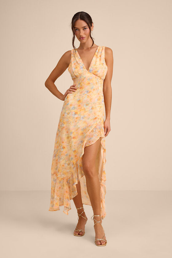 Laraline Red Multi Floral Ruffled Cowl Back Maxi Dress