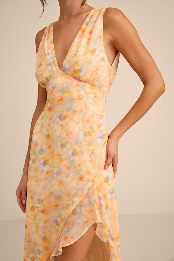 Laraline Red Multi Floral Ruffled Cowl Back Maxi Dress