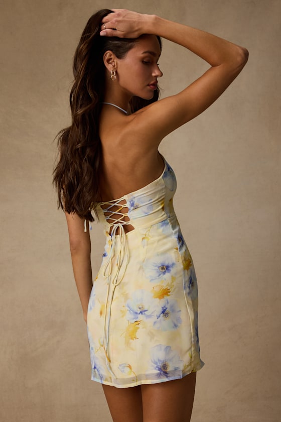 Catch the Bouquet Lime Green Floral Halter Lace-Up Mini Dress