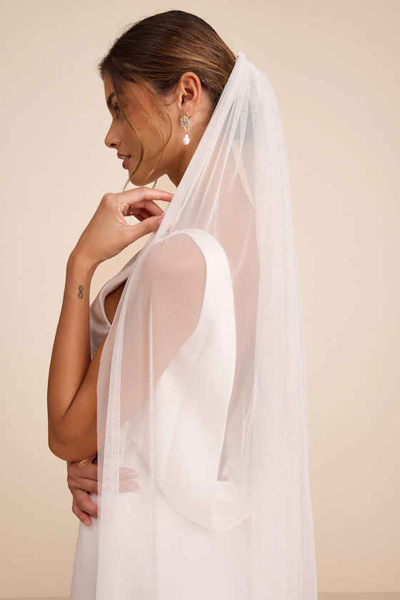 Rosewood White Tulle Beaded Long Veil