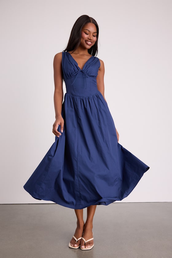 Lettie Red Poplin Plunge Neck Midi Dress