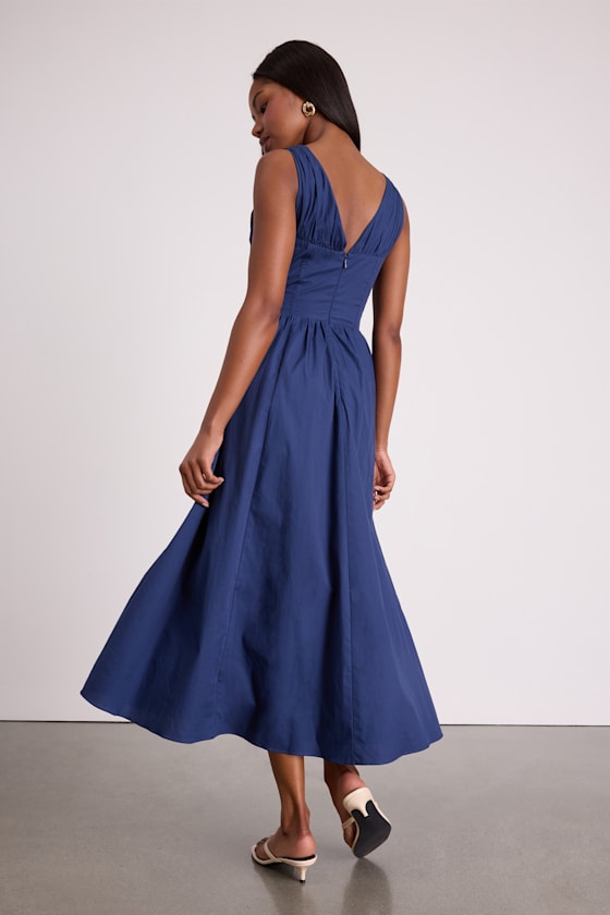 Lettie Red Poplin Plunge Neck Midi Dress
