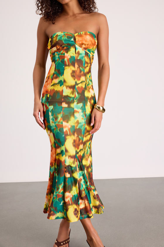 Islay Hot Pink Floral Abstract Mesh Strapless Midi Dress