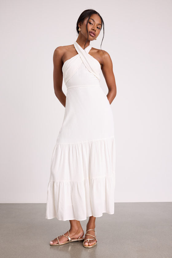 Always Eye-Catching Brown Tiered Halter Midi Dress