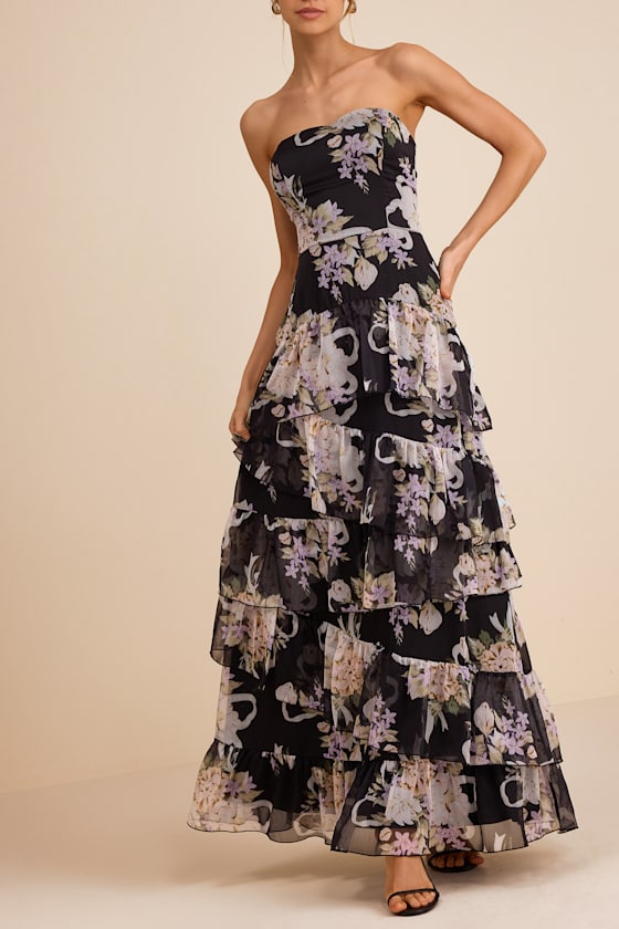 Niyati Blush Floral Strapless Tiered Maxi Dress