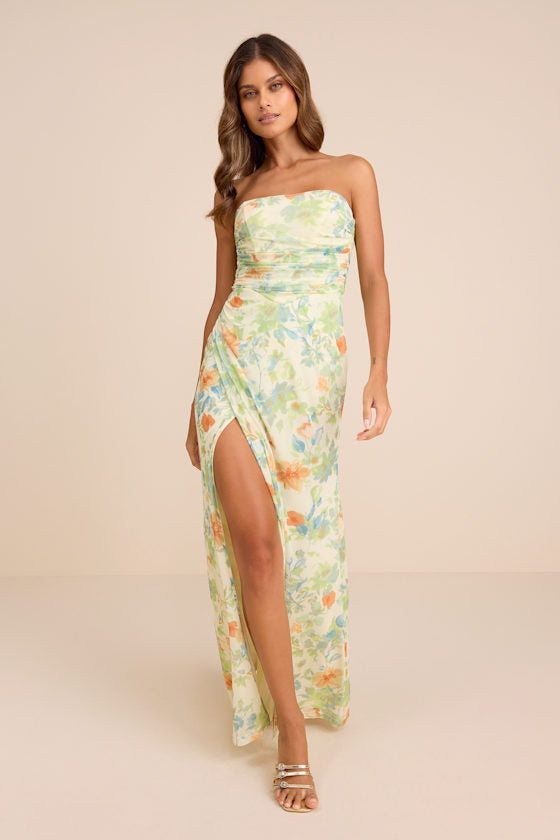 Epitome of Allure Black Mesh Strapless Ruched Maxi Dress
